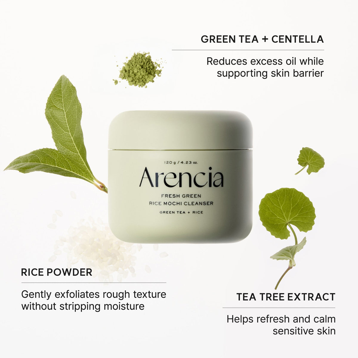 Arencia Fresh Green Rice Mochi Cleanser, Gentle Daily Cleanser for Congestion-Prone Skin, 1.76oz / 4.23oz